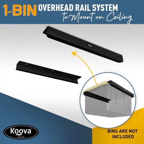 Image of Koova Heavy-Duty Overhead Garage Storage Rack for 1 Bin. Adjustable Width, 40lb Capacity. DIY Super Safe Ceiling Mount, Easy 4-Bolt Install. Fits 27-Gallon Tote. USA Made Steel. Space Saving Organizer