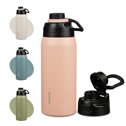 Image of BJPKPK 36 oz Insulated Water Bottle, Leakproof Stainless Steel Jug | Double Wall Vacuum, Keeps Hot /Cold, BPA Free, Dishwasher Safe, Wide Mouth, Spout Lid, Carry Handle, Travel & Hiking, Peach