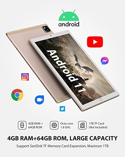 YUMKEM Tablet 10 Inch Android 11.0 Tablet PC Octa-Core, 4GB RAM, 64GB ROM, WiFi, Dual Camera, GPS, 1280x800 HD IPS Screen, 6800mAh, Type C, Tablet PC with Bluetooth Keyboard Mouse and Stylus-Gold