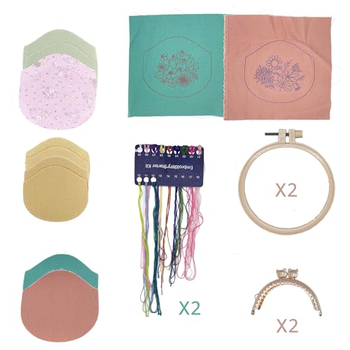 Image of MIAO JIN 2 Sets Stamped Embroidery Coin Purse Kits for Beginners Handmade DIY Embroidered Clutch Starter Kit with All Supplies Tools Bamboo Embroidery Hoops