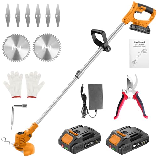 JYGMPRO 21V String Trimmer Cordless - Battery Powered Weed Wacker, 2 X 2.0Ah Battery and a Charger, Grass Trimmer, Brush Cutter and Edger Lawn for Garden/Yard