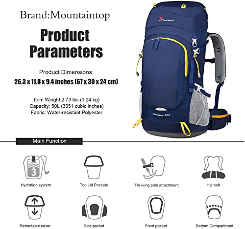 MOUNTAINTOP 50 Liter Hiking Internal Frame Backpack with Rain Cover - Thumbnail 2