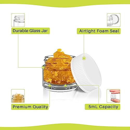 (200 Pack) 5Ml Thick Glass Jars With White Lids - Airtight Containers For Oil, Lip Balm, Cosmetic, Creams, Wax - Small Size Refillable Jars Great For Travel, Samples, Skincare & More #TOP1