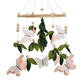 Butterfly Mobile for Crib - A Beautiful Butterfly Handmade Crib Mobile with Green Leaves, Pink, White and Gold Detail for a Nature or Wildflower Theme Nursery