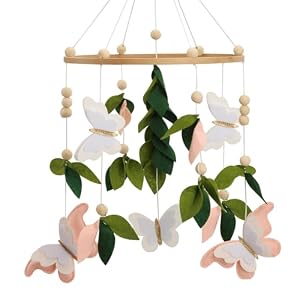 Butterfly Mobile for Crib – A Beautiful Butterfly Handmade Crib Mobile with Green Leaves, Pink, White and Gold Detail for a Nature or Wildflower Theme Nursery