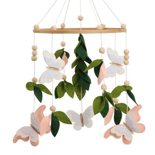 Image of Butterfly Mobile for Crib - A Beautiful Butterfly Handmade Crib Mobile with Green Leaves, Pink, White and Gold Detail for a Nature or Wildflower Theme Nursery