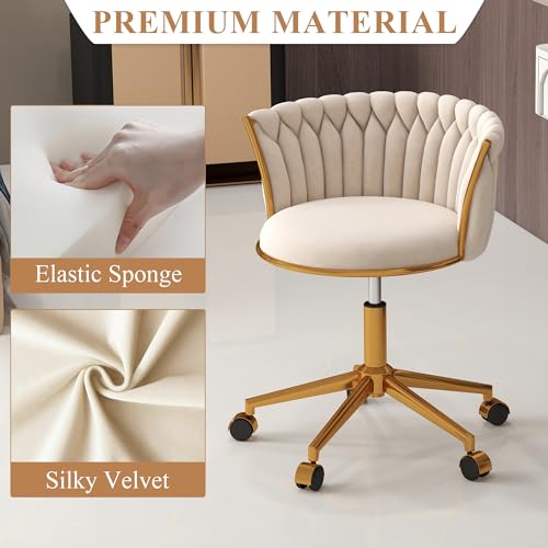 ABET-Desk-Chair-with-Wheels-Modern-Velvet-Office-Chair-for-Desk-Hand-Woven-Vanity-Makeup-Chair-for-Girls-Women-Bedroom-360-Swivel-Height-Adjustable-Gold-Base-Task-Armchair-Beige ABET Desk Chair with Wheels Modern Velvet Office Chair for Desk Hand Woven Vanity Makeup Chair for Girls Women Bedroom 360 Swivel Height Adjustable Gold Base Task Armchair Beige