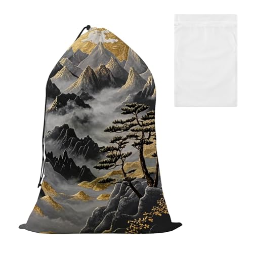 Bolsa de almacenamiento de lavandería con paisaje chino negro y dorado para campamento con bolsa de lavado de malla para lavandería para dormitorio universitario, bolsas de juguetes reutilizables
