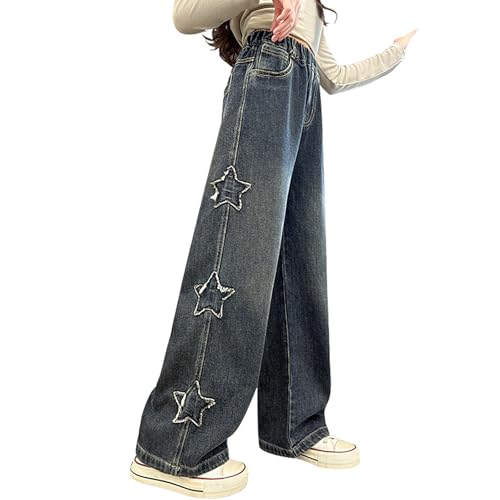 Jeans for Girls Baggy Star Wide Leg Denim Pants Elastic High Waist Trousers Kids Casual Cute Streetwear with Pockets