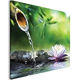 Revolio 50x40 cm Leinwandbild Wandbilder Wohnzimmer Modern Kunstdruck Design Wanddekoration Deko Bild auf Leinwand Bilder 1 Teilig - Bambus Steine Lotus Wasser Zen grün
