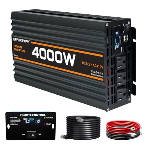 EFFORTWAY 4000W Power Inverter, 12V DC to 110V/120V Modified Sine Wave Inverter with 3 AC Outlets, USB Port, Wired Remote Controller, Car Power Inverter for RV, Truck, Boat, Camping, Off-Grid