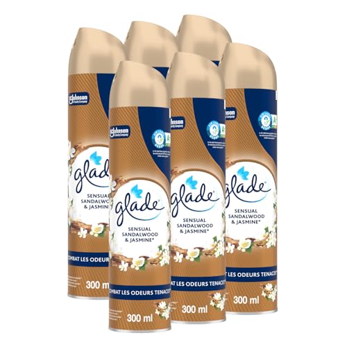Glade Aérosol - Elimine Les Odeurs - Parfum Frais - Infusé Aux Huiles Essentielles - Sensual Sandalwood et Jasmine - 6 Aérosols