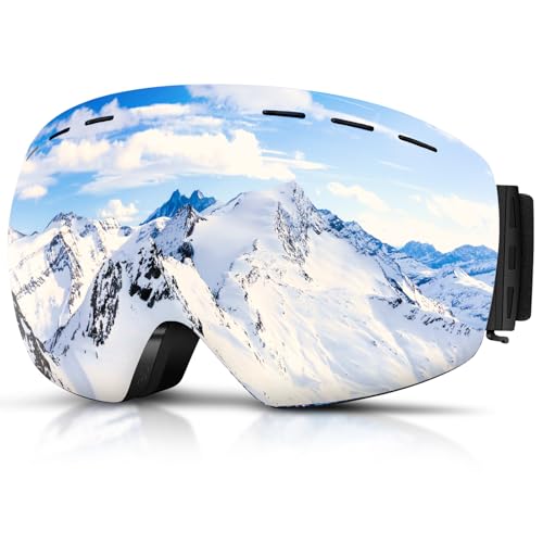 DADA-PRO Ski Goggles Men Women Snowboard Goggles Over Glasses OTG Anti Fog Snow Goggles Frameless, 100% UV Protection(Silver)