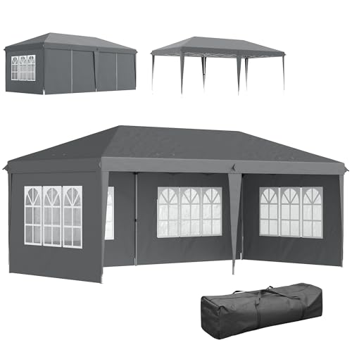 Outsunny Carpa Plegable 6x3 m, Pop-up, con 4 Laterales Desmontables, Cenador de Jardín con 4 Ventanas Visibles y Bolsa de Transporte, Impermeable, Anti-UV, Gazebo para Camping, Fiestas, Exterior, Gris