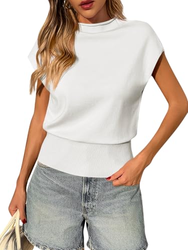 Image of Saodimallsu Womens Cap Sleeve Summer Sweaters Tops Casual Lightweight Sweater Vest Mock Neck Knit Tank Top