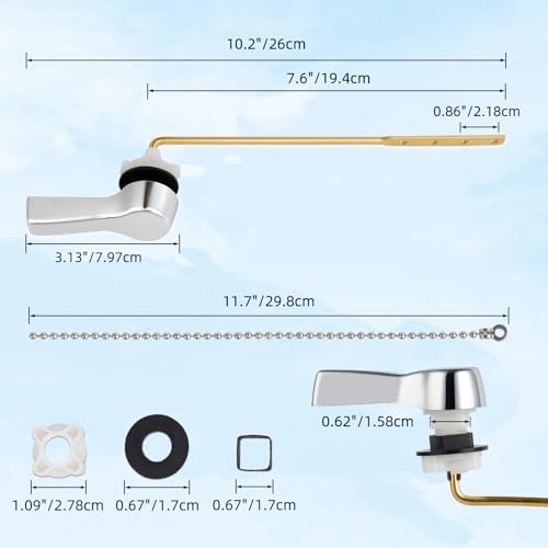 Image of Hibbent Universal Metal Front Mount Flush Toilet Handle Kit, Chrome | Solid Brass Toilet Flush Tank Lever with Stainless Steel Adjustable Flapper Chains, Side Tank Toilet Handle for Most Toilets