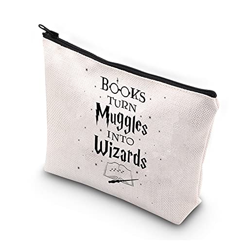 BDPWSS Book Lover Makeup Bag Books Turn Muggles Into Wizards Cosmetic Bag Travel Pouch For Librarian Reader Bibliophile Bookworm Reading Lover Gift Back To School Gift (Books turn muggles)