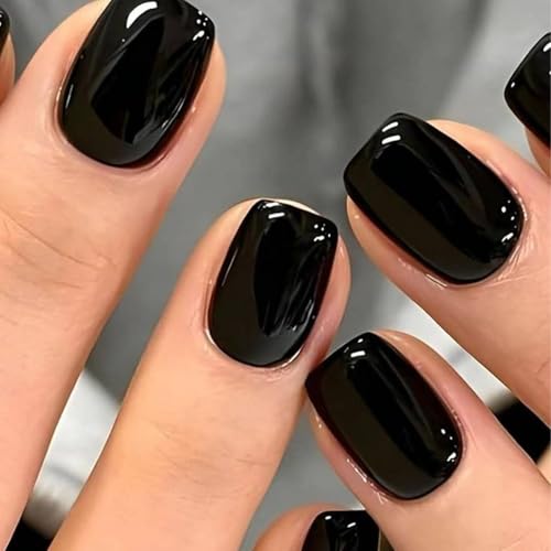UNA GELLA Soft Gel Press on Nails - 32Pcs 15 Sizes Short Round Black Fake Nails Glossy Reusable Glue on Nails for Women Durable Artificial Nails Kit for DIY Manicure