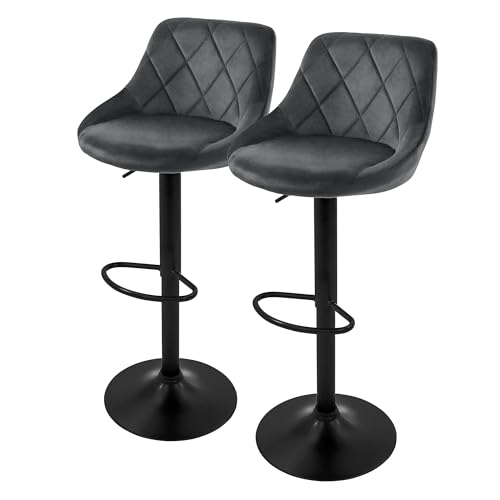ML-Design Lot de 2 Tabourets de Bar en Velours, Gris, Chaise Rembourrée avec Dossier et Repose-Pieds, Réglable en Hauteur 62-82 cm, Pivotante à 360°,...