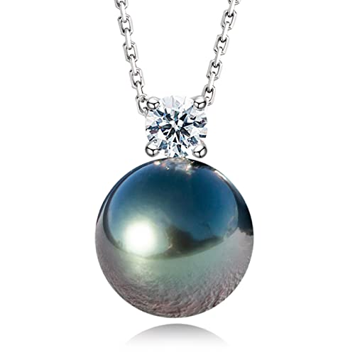Genuine 9-13mm Tahitian Black Pearl with Moissanite Necklace for Women, AAAA Quality Handselected Nature Black Pearls, 10K Solid White Gold Pendant, 40+2+3mm Adjustable Sterling Silver Chain