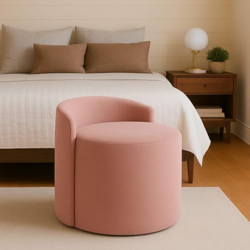 Image of Solid Wood Upholstered Ottoman Stool For Living Room With Backrest | Memory Foam Mudda Puffy Stool for Drawing Room | Sofa Style Accent Chair for Dressing Table & Bedroom | Round Footrest | Pink