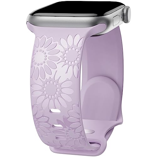 Image of Sunflower Engraved Band Compatible with Apple Watch Bands 38mm 40mm 41mm 42mm 44mm 45mm 49mm Women, Designer Soft Glossy Floral Silicone Strap for iWatch Series Ultra 11 10 9 8 7 6 SE 5 4 3 2 1