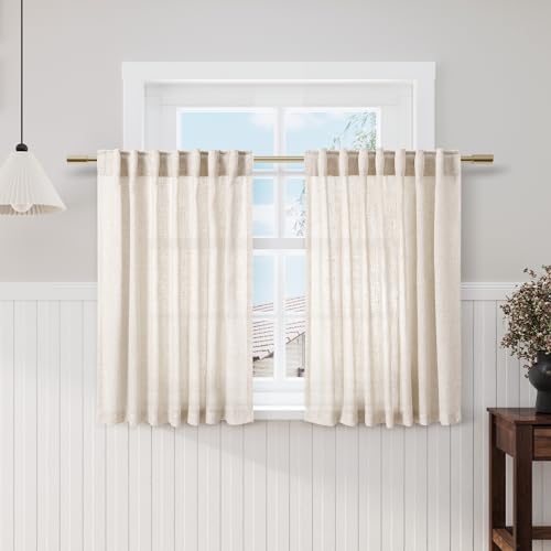 Image of Short Beige Linen Curtains for Kitchen Bathroom 40 Inches Long 2 Panels Set Back Tab Rod Pocket Semi Sheer Light Filtering Drapes for Farmhouse Cafe Lightweight Small Basement Window Curtain W52xL40