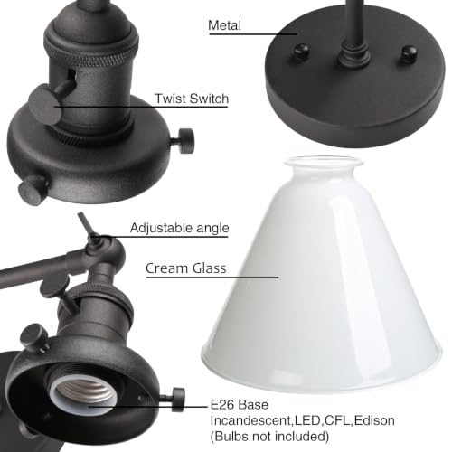 Image of Double Sconce Vintage Industrial Black 2-Lights Wall Sconces with Funnel Flared Glass Milk Glass Shade Antique Scocne for Bathroom Living Room Home Office