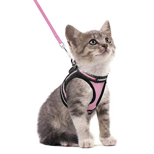 rabbitgoo Katzengeschirr Katzenleine Set Katzengeschirr mit Leine Geschirr Katzen ausbruchsicher verstellbar weich mit reflektierenden Streifen für Katzen Kitten Welpen Cat Harness Leash Rosa S