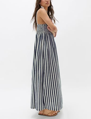 Image of Lentta Women's Striped Smocked Maxi Dress Causal Spaghetti Strap Stretchy Flowy Swing Long Dress with Pockets