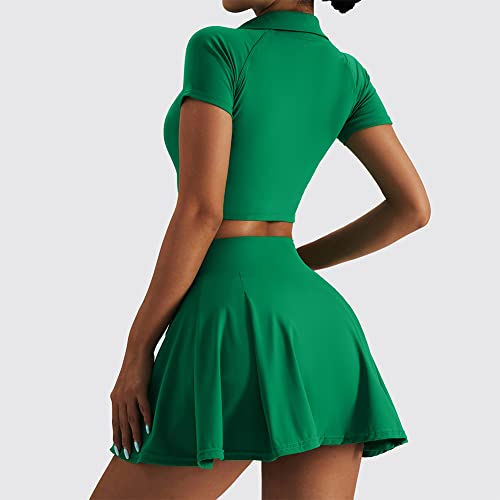 2 Piece Tennis Dress for Women High Waist Pleated Tennis Skirt with Shorts Short Sleeve Crop Golf Workout Skirts Sets3