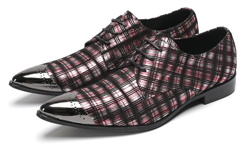 Men’s Plaid Patent-Leather Dress Casual Shoes – Metal Pointed Toe Lace-Up Oxford, Fashion Red & Black Formal Shoes for Weddings, Prom, Parties, Business & Evening Wear