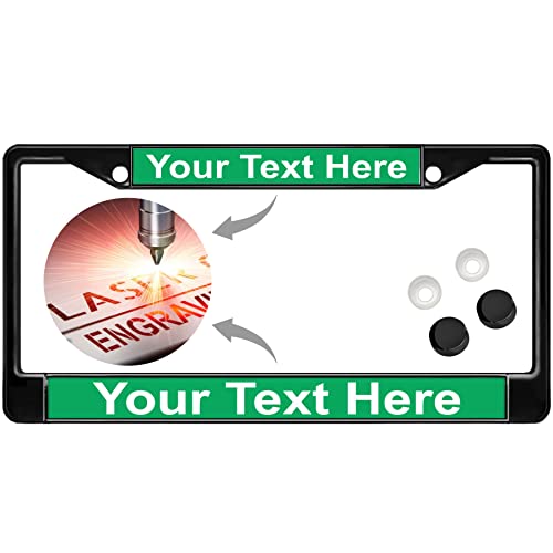 Image of Custom Personalized Black Powder-Coated Metal Laser Engraved Standard Size - Car /Automobile License Plate Frame with Free caps - Green /White Text (Qty: 1 Frame)
