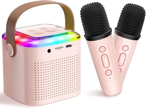 MFXH Máquina de Karaoke, Altavoz Bluetooth con 2 Micrófonos Inalámbricos, Efecto Cambiador Voz y Luces LED，Mini Karaoke Portatil para niños, Adultos,...