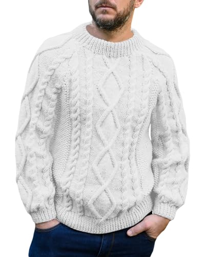 Runcati - Maglione da uomo in lana a maniche lunghe, girocollo, invernale, caldo, pullover vintage a tinta unita, vestibilità regolare, bianco, M