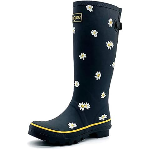Rongee Women Rain Boots Waterproof Outdoor Garden Black with Daisy Printed and Adjustable Buckle (7 B(M) US) Cover