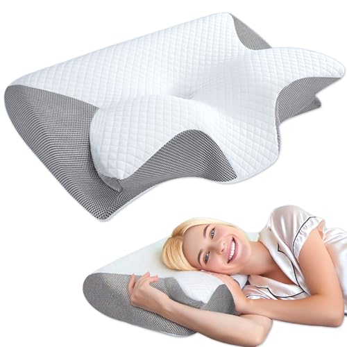 Tbintul Almohada Cervicales y Cuello, 2 en 1 Almohada Ergonómico Espuma de Memoria, Almohadas Ortopedica, Memory Foam Pillow with Removable Pillowcase for Side,Back, Stomach Sleepers (Blanco y Gris)
