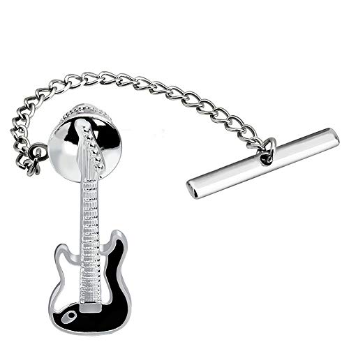 Men's Tie Pins with Chain Interesting Instrument Shape Tie Tack for Men Necktie Accessory (Guitar Tie Tacks Silver and Black)