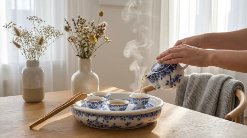 Image of Porcelain Tea Tray 12 inch, Double-Layer Ceramic Tray Round for Tea Coffee Serving Gongfu Tea Table Tea Room (Blue and White Butterfly Lovers)