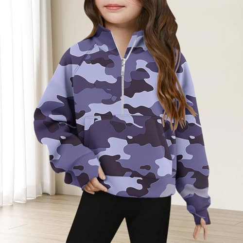 Girls Camo Sweatshirts Fashion Casual Half Zip Pullover Long Sleeve Thumb Holes Cute Sweatshirt with Pocket2