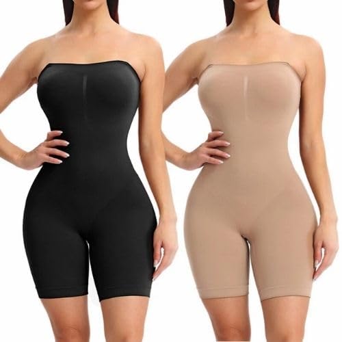 Image of Women's Seamless Tummy Control Shapewear Bodysuit with Adjustable Straps | Slimming Full Body Shaper with Shorts | Body Compression for Under Dresses (Pack of 2)