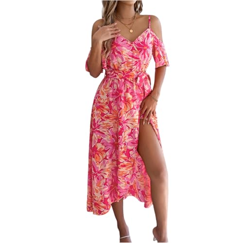 Luftige Sommerkleider, Sommerkleider Damen Lang Blumen Hohe Taille V-Ausschnitt Kleider Schlitz Casual Maxikleid Spaghettiträger Freizeitkleid...