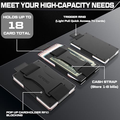 Slim Wallet for Men – Minimalist RFID Blocking Men's Wallet, Holds 1–18 Cards & Easy Access Pull Tab, Metal Aluminum Credit Card Holder with Cash Strap (Black)3