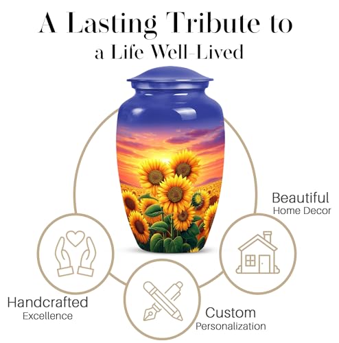 Image of Yellow Sunflower Urns for Human Ashes - Sunset Large Urns for Human Ashes Adult - Cremation Urn with Sunflowers for Adult Male and Female - Large Decorative Urn for Mother and Father 10inch
