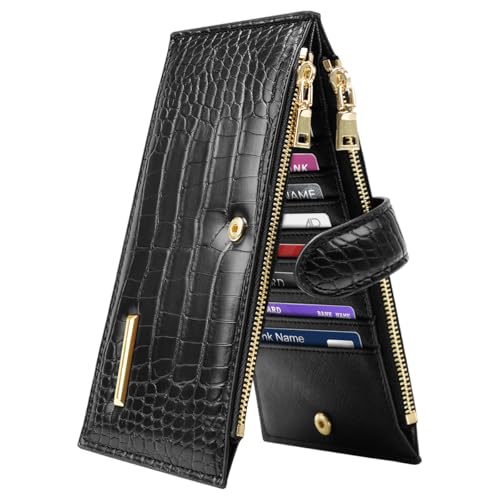 Simikol Women Wallet Large Capacity Wallets Crocodile RFID Blocking Multi Card Organizer Womens Billfold Long Purse Credit Cards Holder with Double Zipper,Black