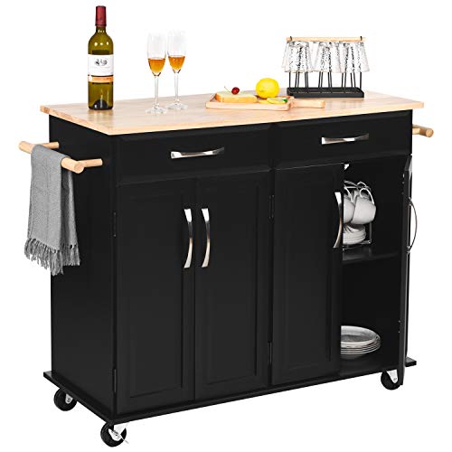 Kitchen Island on Wheels Kitchen Cart Trolley with Storage, Drawers, Cabinet, Towel Rack and Rubber Wood Top Kitchen Cart with Lockable Wheels for Home Hotel Kitchen Dinning Room, Black