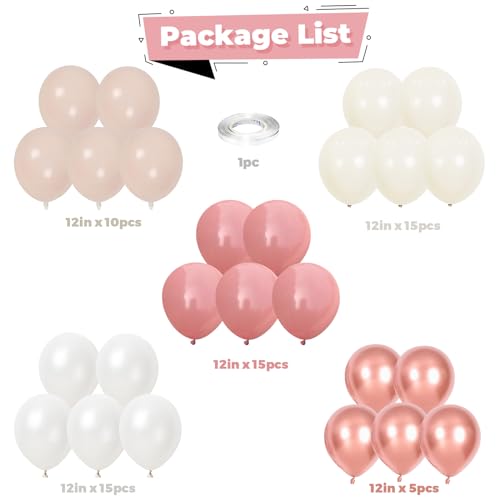 Image of Pink White Balloons Rose Gold Blush White Balloon 60pcs 12inch Latex Helium Balloons Beige Retro Pink Nude Pearl White Sand Balloon Neutral Birthday Party Decorations Bride Wedding Boho DIY Supplies