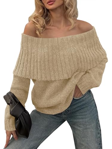 Image of Saodimallsu Womens Off The Shoulder Sweaters Oversized Long Sleeve Loose Ribbed Knit Fall Trendy Pullover Tops