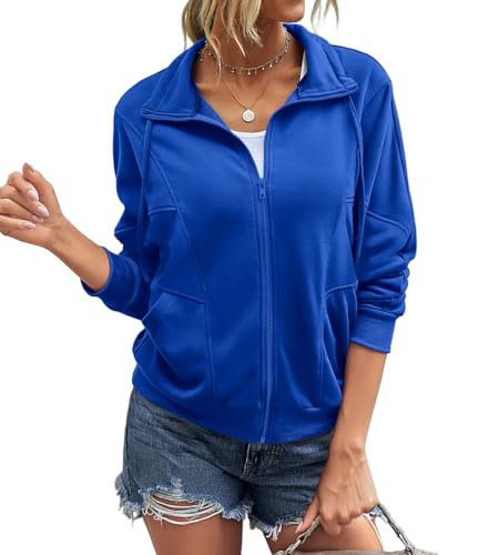INFITTY Womens Long Sleeve Jacket Full Zip Up Stand Collar with Pockets Casual Batwing Lightweight Sweatshirts