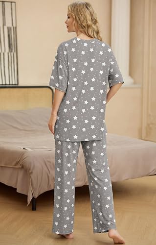 Image of PrinStory Womens Pajamas Sets 2 Piece Lounge Set Short Sleeve Tops and Long Pants Soft Pjs Loungewear with Pockets